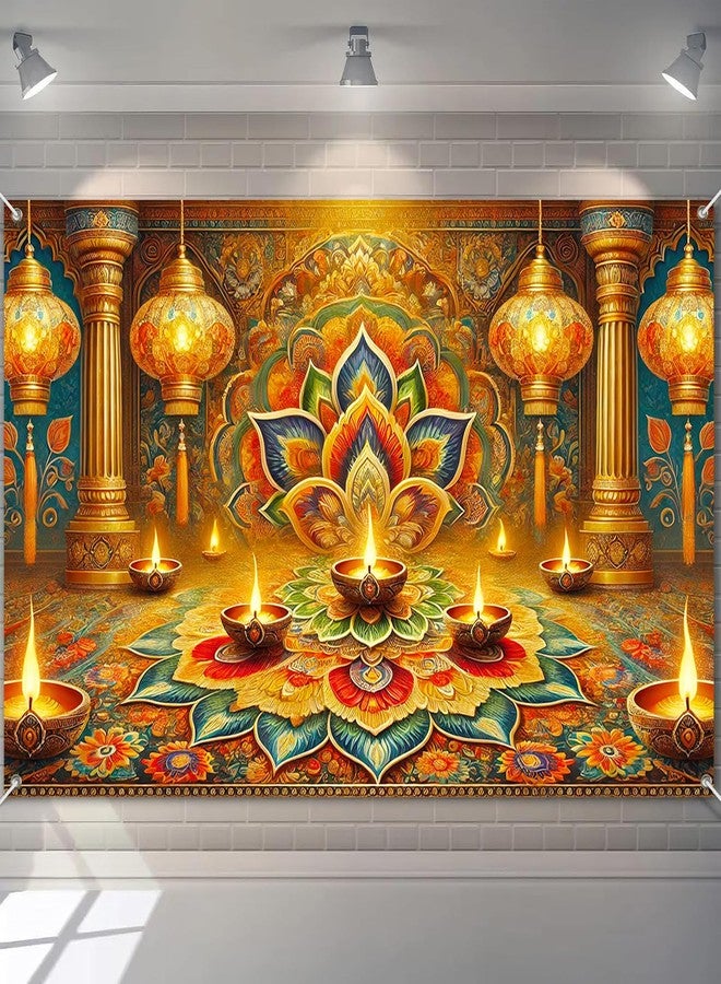 BlissYard Diwali Backdrop Banner Colorful Rangoli Diya Lamps Festival of Lights Photo Booth Background Indian Holiday Party Decoration Wall Hanging 71×43 Inch - Image 1